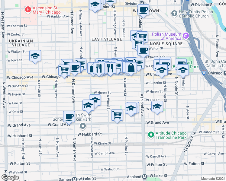 map of restaurants, bars, coffee shops, grocery stores, and more near 1759 West Superior Street in Chicago