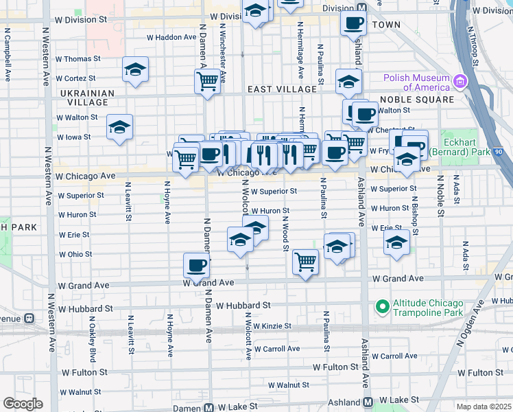 map of restaurants, bars, coffee shops, grocery stores, and more near 1831 West Superior Street in Chicago