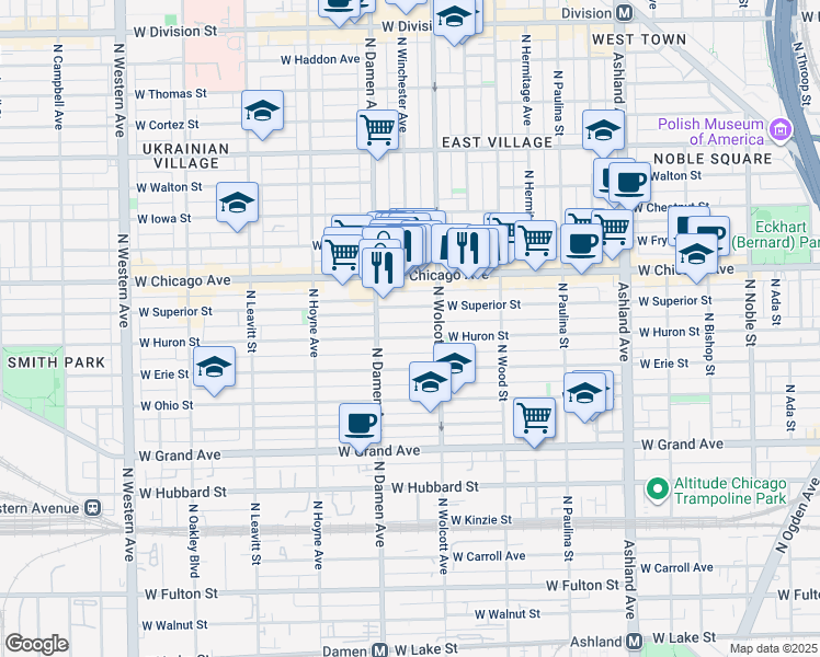 map of restaurants, bars, coffee shops, grocery stores, and more near 1907 West Superior Street in Chicago