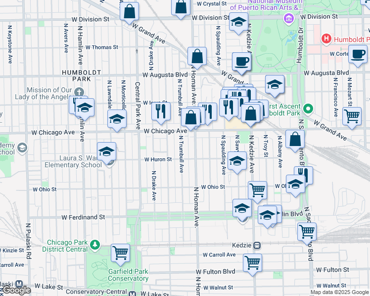map of restaurants, bars, coffee shops, grocery stores, and more near 745 North Trumbull Avenue in Chicago