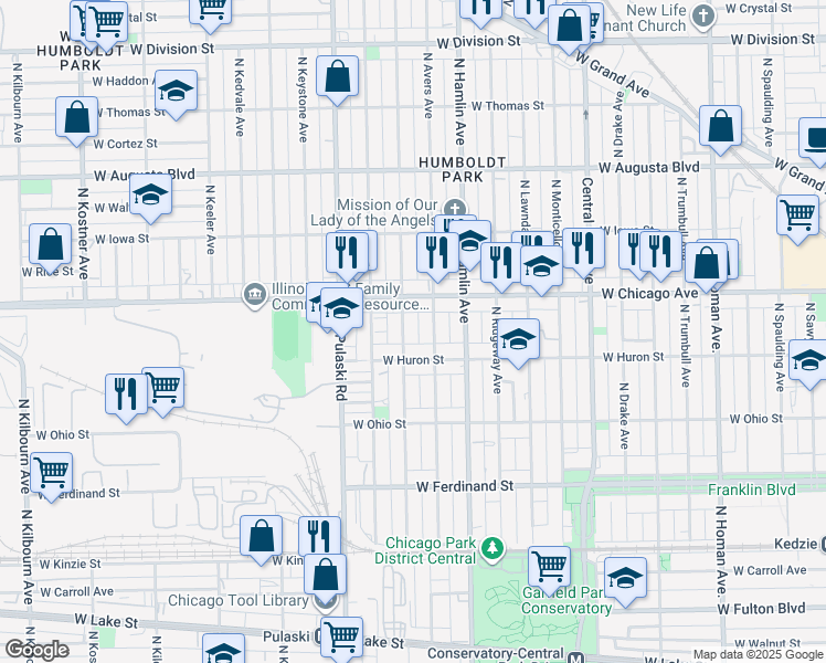 map of restaurants, bars, coffee shops, grocery stores, and more near 3851 West Chicago Avenue in Chicago
