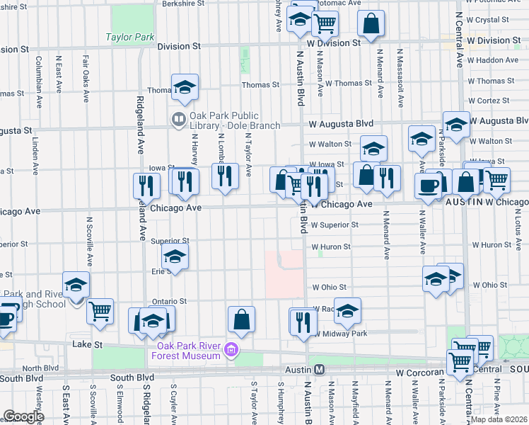 map of restaurants, bars, coffee shops, grocery stores, and more near 40 Chicago Avenue in Oak Park