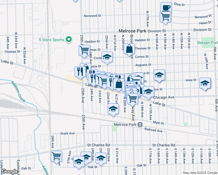 map of restaurants, bars, coffee shops, grocery stores, and more near 902 North 21st Avenue in Melrose Park