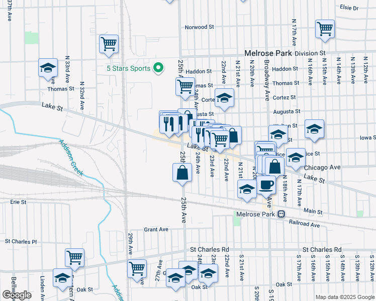 map of restaurants, bars, coffee shops, grocery stores, and more near 901 25th Avenue in Melrose Park