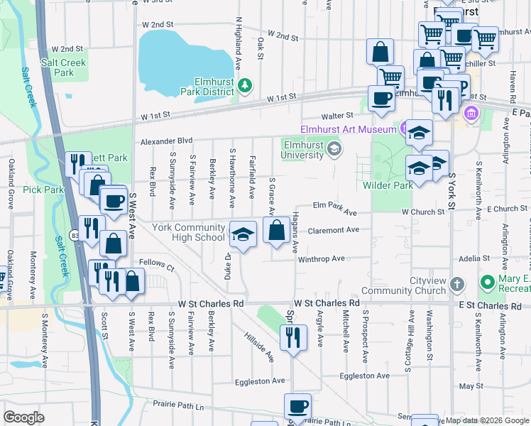 map of restaurants, bars, coffee shops, grocery stores, and more near 222 South Grace Avenue in Elmhurst