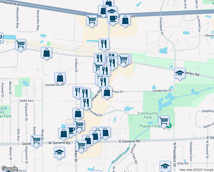 map of restaurants, bars, coffee shops, grocery stores, and more near in Carol Stream
