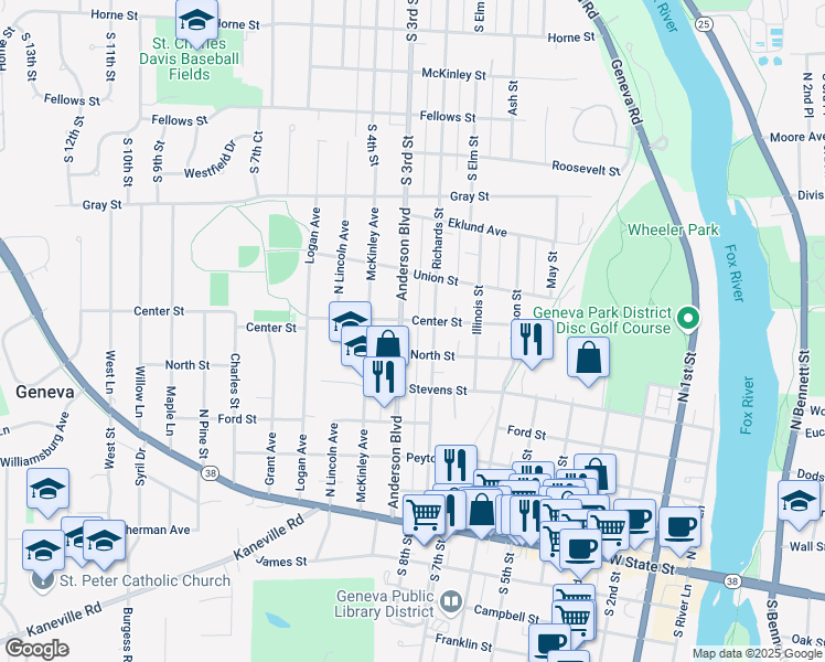 map of restaurants, bars, coffee shops, grocery stores, and more near 608 Richards Street in Geneva