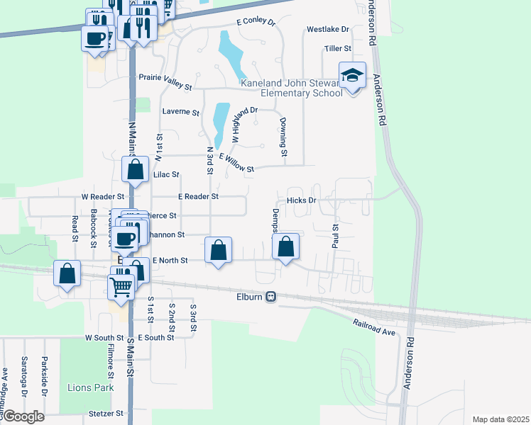 map of restaurants, bars, coffee shops, grocery stores, and more near 320 Dempsey Street in Elburn