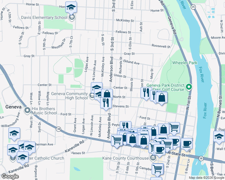 map of restaurants, bars, coffee shops, grocery stores, and more near 521 Anderson Boulevard in Geneva