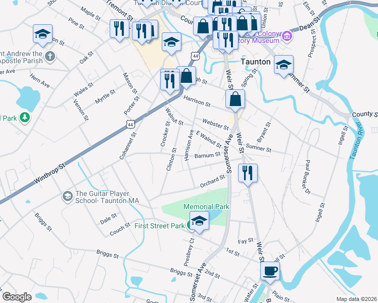 map of restaurants, bars, coffee shops, grocery stores, and more near 38 Harrison Avenue in Taunton