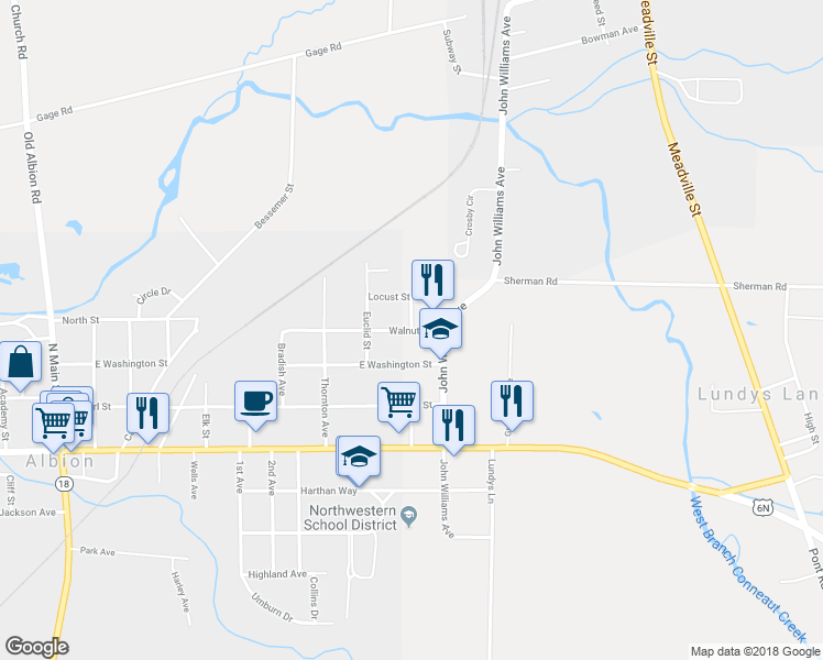 map of restaurants, bars, coffee shops, grocery stores, and more near 16506 Walnut Street in Albion