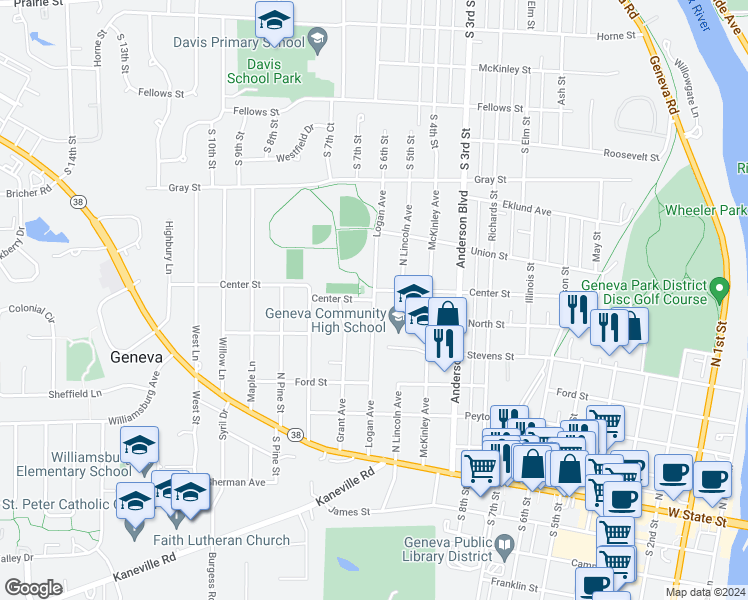 map of restaurants, bars, coffee shops, grocery stores, and more near 1200 Center Street in Geneva