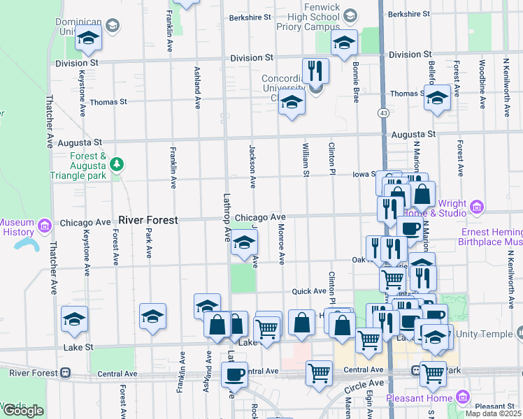 map of restaurants, bars, coffee shops, grocery stores, and more near 823 Jackson Avenue in River Forest