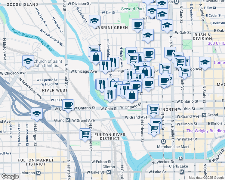 map of restaurants, bars, coffee shops, grocery stores, and more near 469 West Huron Street in Chicago