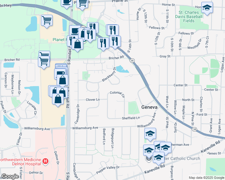 map of restaurants, bars, coffee shops, grocery stores, and more near 538 Dempsey Place in Geneva
