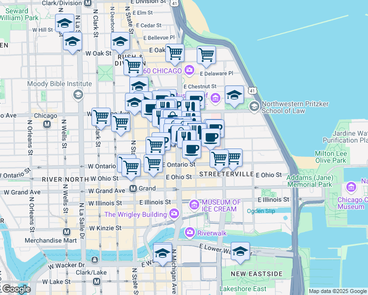 map of restaurants, bars, coffee shops, grocery stores, and more near 669 North Michigan Avenue in Chicago