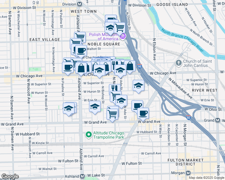 map of restaurants, bars, coffee shops, grocery stores, and more near 1413 West Superior Street in Chicago