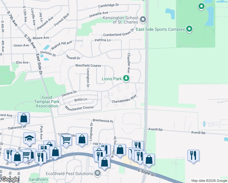 map of restaurants, bars, coffee shops, grocery stores, and more near 1332 Arlington Court in Geneva