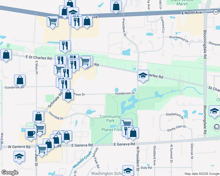 map of restaurants, bars, coffee shops, grocery stores, and more near 607 Gundersen Drive in Carol Stream