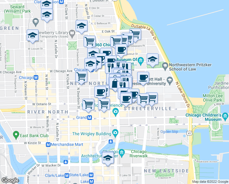 map of restaurants, bars, coffee shops, grocery stores, and more near 712 North Michigan Avenue in Chicago