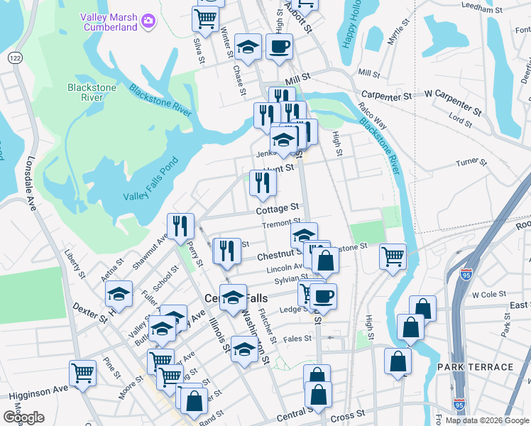 map of restaurants, bars, coffee shops, grocery stores, and more near 68 Hadwin Street in Central Falls