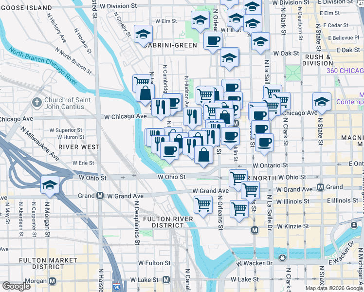 map of restaurants, bars, coffee shops, grocery stores, and more near 448 West Huron Street in Chicago