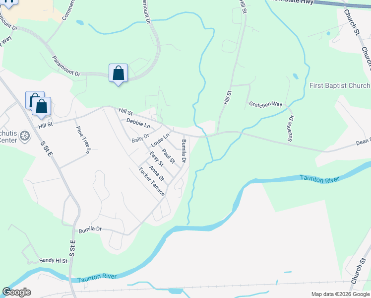 map of restaurants, bars, coffee shops, grocery stores, and more near 191 Bumila Drive in Raynham