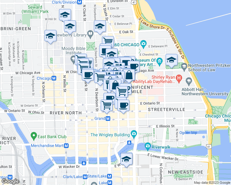 map of restaurants, bars, coffee shops, grocery stores, and more near 711 North Wabash Avenue in Chicago