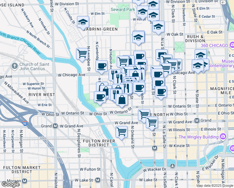 map of restaurants, bars, coffee shops, grocery stores, and more near 405 West Superior Street in Chicago