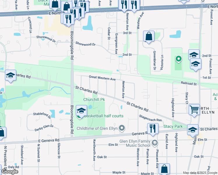 map of restaurants, bars, coffee shops, grocery stores, and more near 915 Dawn Avenue in Glen Ellyn