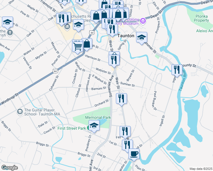 map of restaurants, bars, coffee shops, grocery stores, and more near 57 Somerset Avenue in Taunton