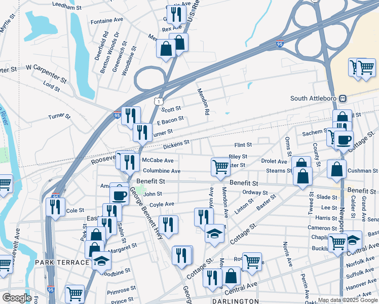 map of restaurants, bars, coffee shops, grocery stores, and more near 12315 Dickens Street in Pawtucket