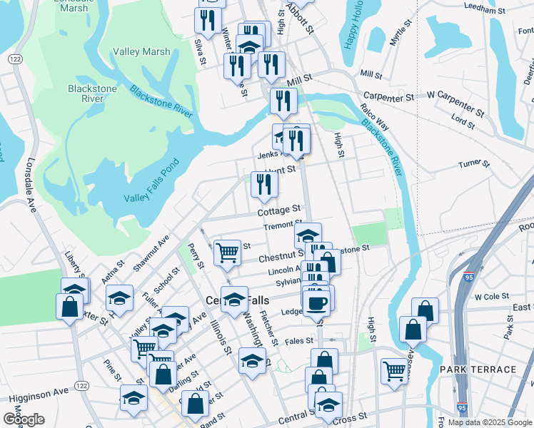 map of restaurants, bars, coffee shops, grocery stores, and more near 68 Hadwin Street in Central Falls