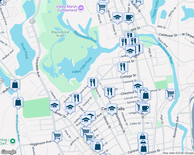 map of restaurants, bars, coffee shops, grocery stores, and more near 41 Temple Place in Central Falls