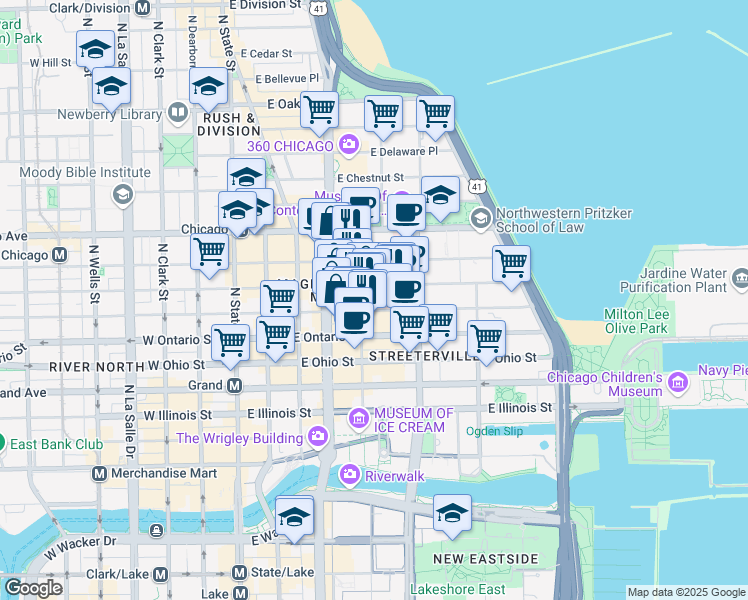map of restaurants, bars, coffee shops, grocery stores, and more near 200 East Huron Street in Chicago
