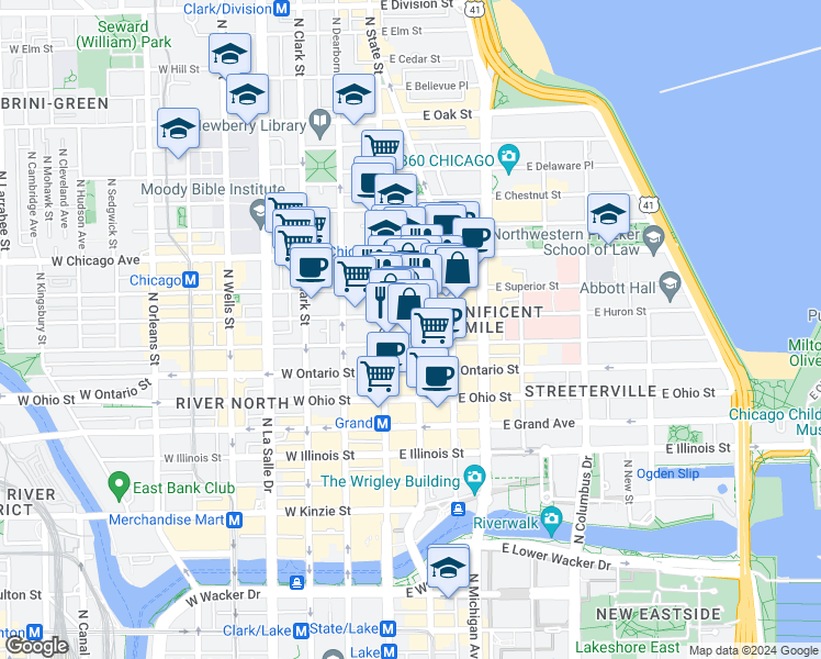 map of restaurants, bars, coffee shops, grocery stores, and more near 711 North Wabash Avenue in Chicago
