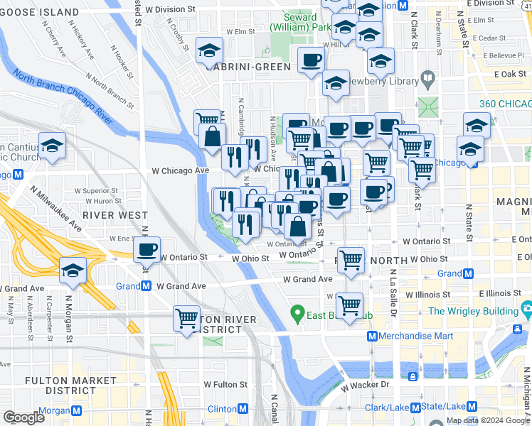 map of restaurants, bars, coffee shops, grocery stores, and more near 448 West Huron Street in Chicago