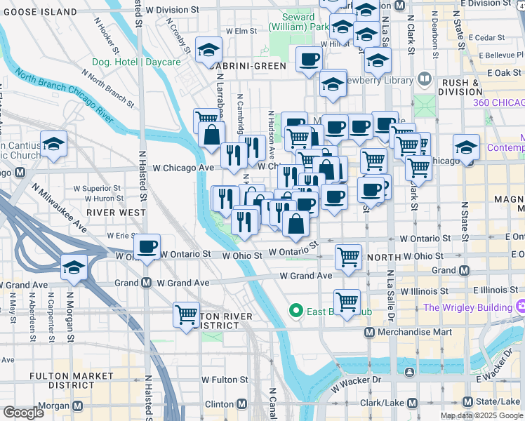 map of restaurants, bars, coffee shops, grocery stores, and more near 448 West Huron Street in Chicago