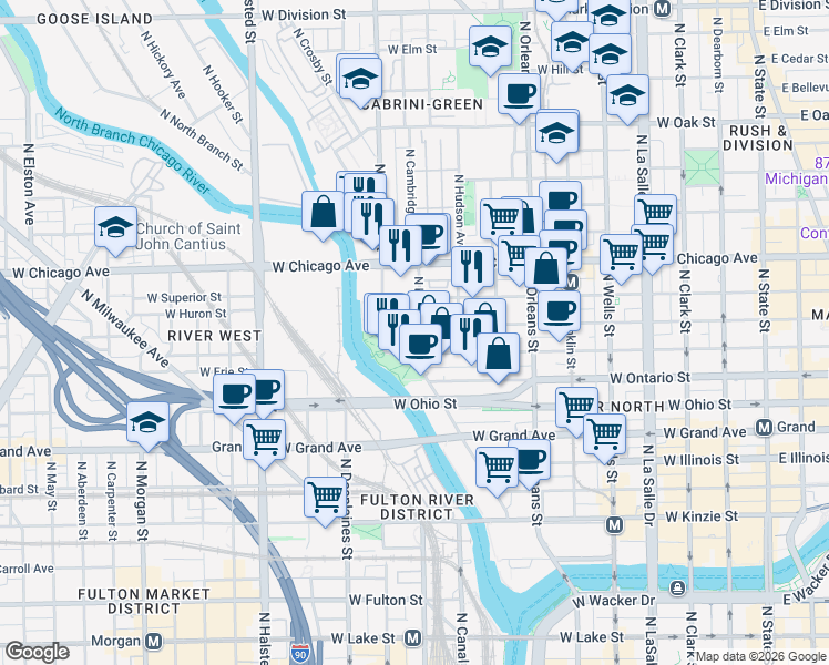 map of restaurants, bars, coffee shops, grocery stores, and more near 520 West Huron Street in Chicago
