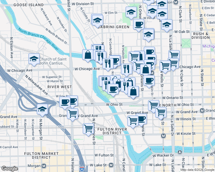 map of restaurants, bars, coffee shops, grocery stores, and more near 520 West Huron Street in Chicago