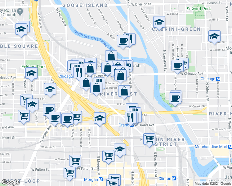 map of restaurants, bars, coffee shops, grocery stores, and more near 617 North Green Street in Chicago