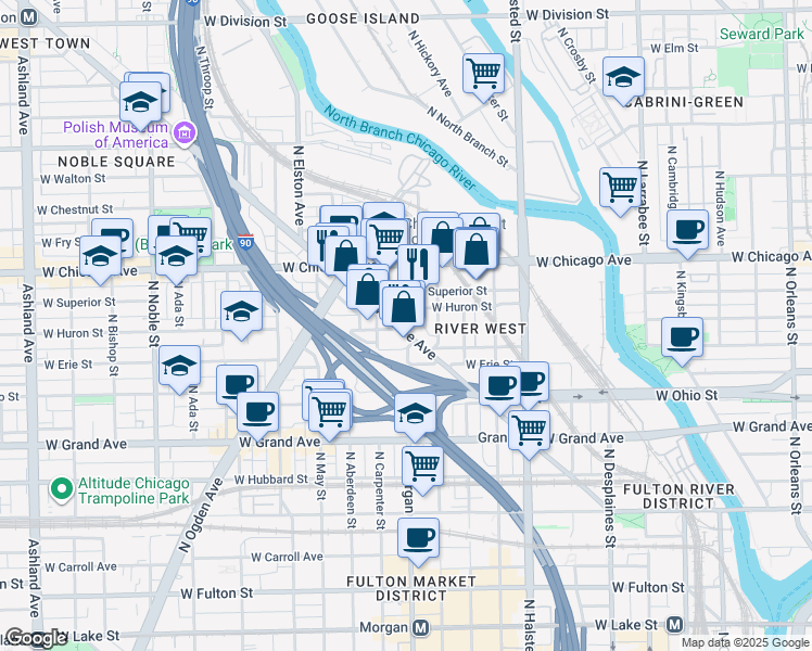 map of restaurants, bars, coffee shops, grocery stores, and more near 957 West Huron Street in Chicago
