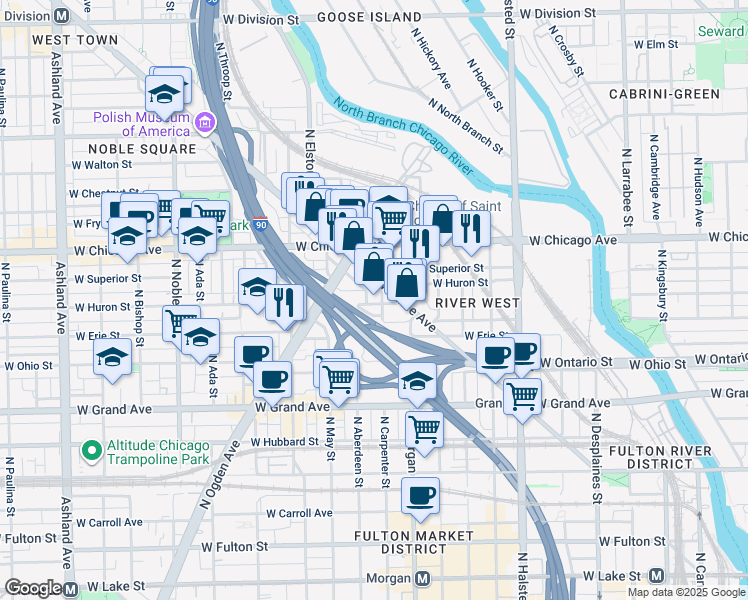 map of restaurants, bars, coffee shops, grocery stores, and more near 731 North Carpenter Street in Chicago
