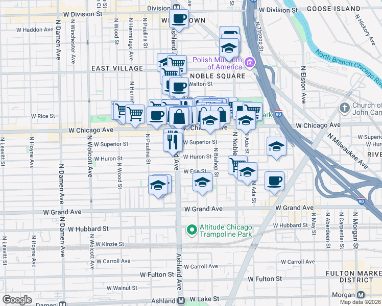 map of restaurants, bars, coffee shops, grocery stores, and more near in Chicago