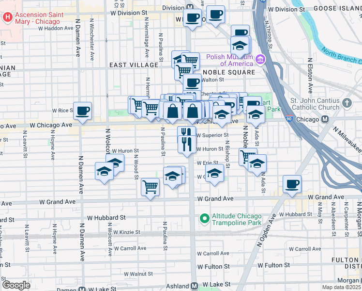 map of restaurants, bars, coffee shops, grocery stores, and more near in Chicago