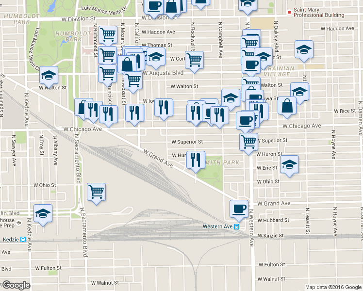 map of restaurants, bars, coffee shops, grocery stores, and more near 2630 West Superior Street in Chicago