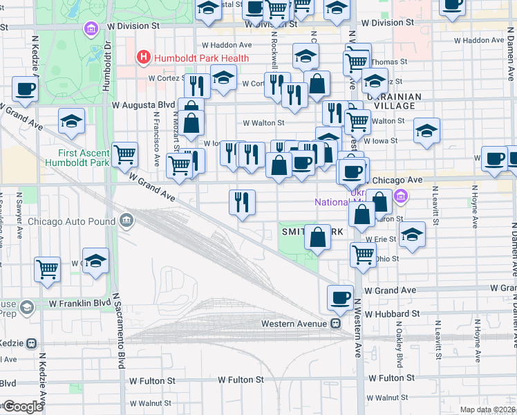 map of restaurants, bars, coffee shops, grocery stores, and more near 2630 West Superior Street in Chicago