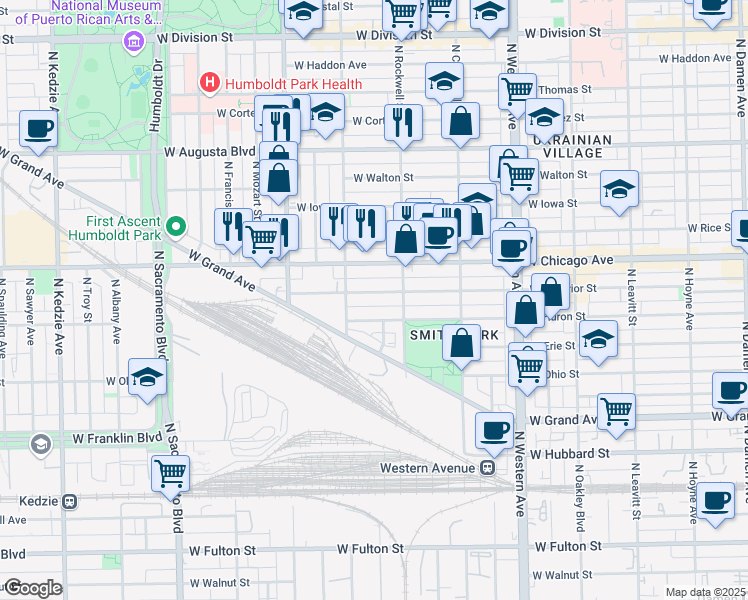 map of restaurants, bars, coffee shops, grocery stores, and more near 2630 West Superior Street in Chicago