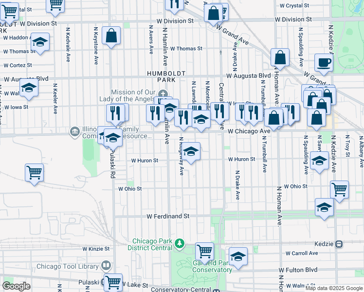 map of restaurants, bars, coffee shops, grocery stores, and more near 746 North Ridgeway Avenue in Chicago