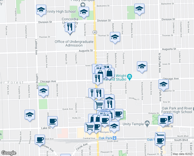 map of restaurants, bars, coffee shops, grocery stores, and more near 818 Harlem Avenue in Oak Park